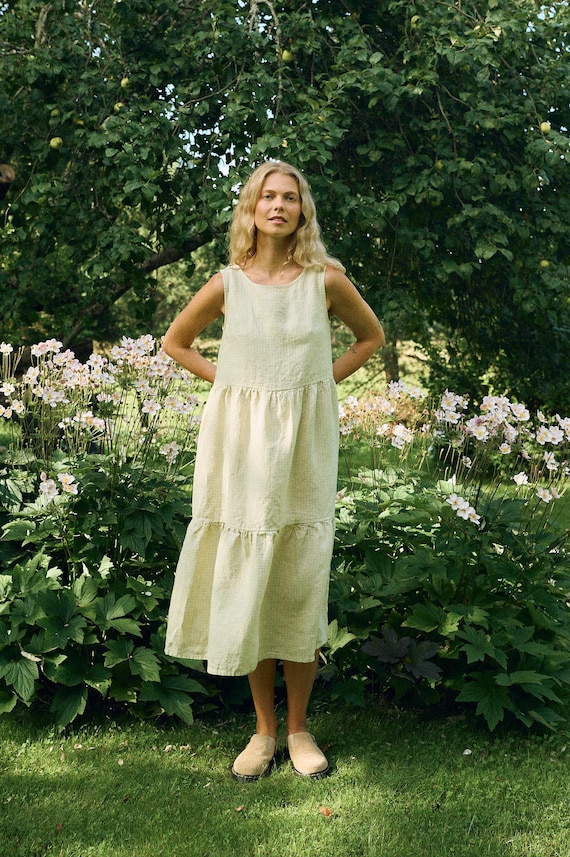 apple green casual dress Amalie Checks Linen - Dress - Tiered Dress - Linen Dress - A-line Dress - Summer Dress - Sleeveless Dress -smock Dress Dark Royal Blue