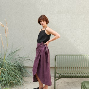 Jura eggplant violet skirt Wrap linen skirt Long wrap skirt Black linen skirt image 5