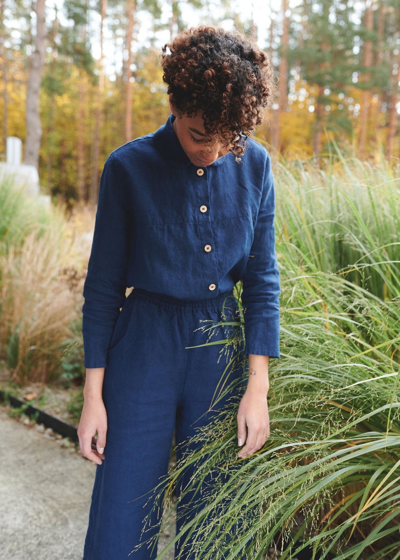 Brandi navy blue shirt Washed linen shirt Linen shirt Round collar shirt Basic linen shirt image 7