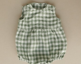 Unisex linen gingham baby romper