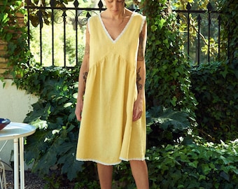 Ona Butter Linen Midi Dress with Lace Trim - V-Neck Lace Dress - Butter Yellow Sleeveless Dress - Lace Linen Summer Dress - Oversized Dress