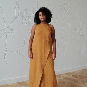 Mira camel dress - Spaghetti strap linen dress- Linen dress - Long linen dress