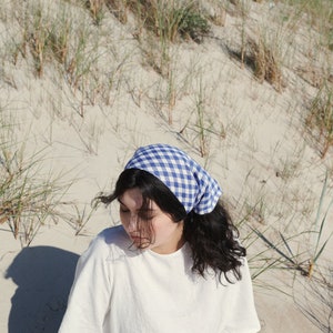 Ready to ship Blue gingham linen bandana Bandana Linen bandana Linen scarf image 3