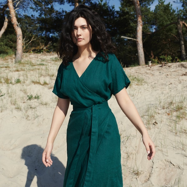 Mimosa emerald green dress - Wrap linen dress - Maternity linen dress - Oversized linen dress - Summer dress - Linen dress