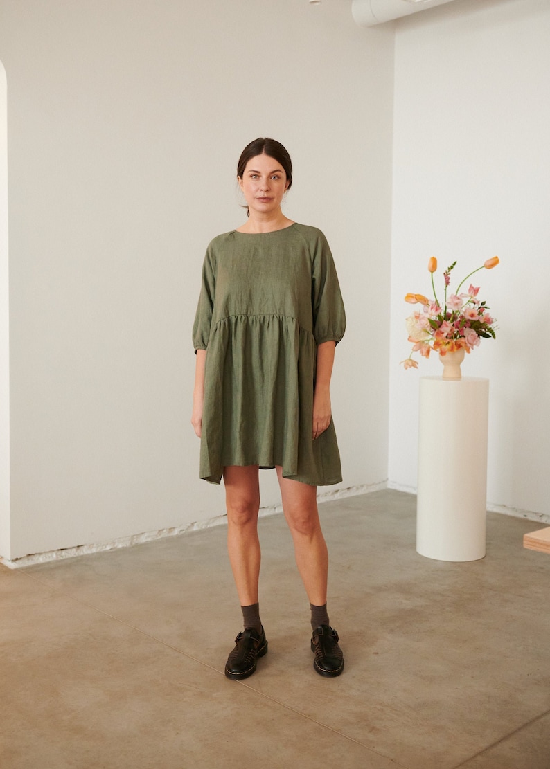 Beth pine green dress Linen dress Summer linen dress Short Linen dress image 1