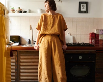 Pantalon Frankie camel - Pantalon baril - Pantalon en lin - Pantalon ample en lin - Pantalon en lin