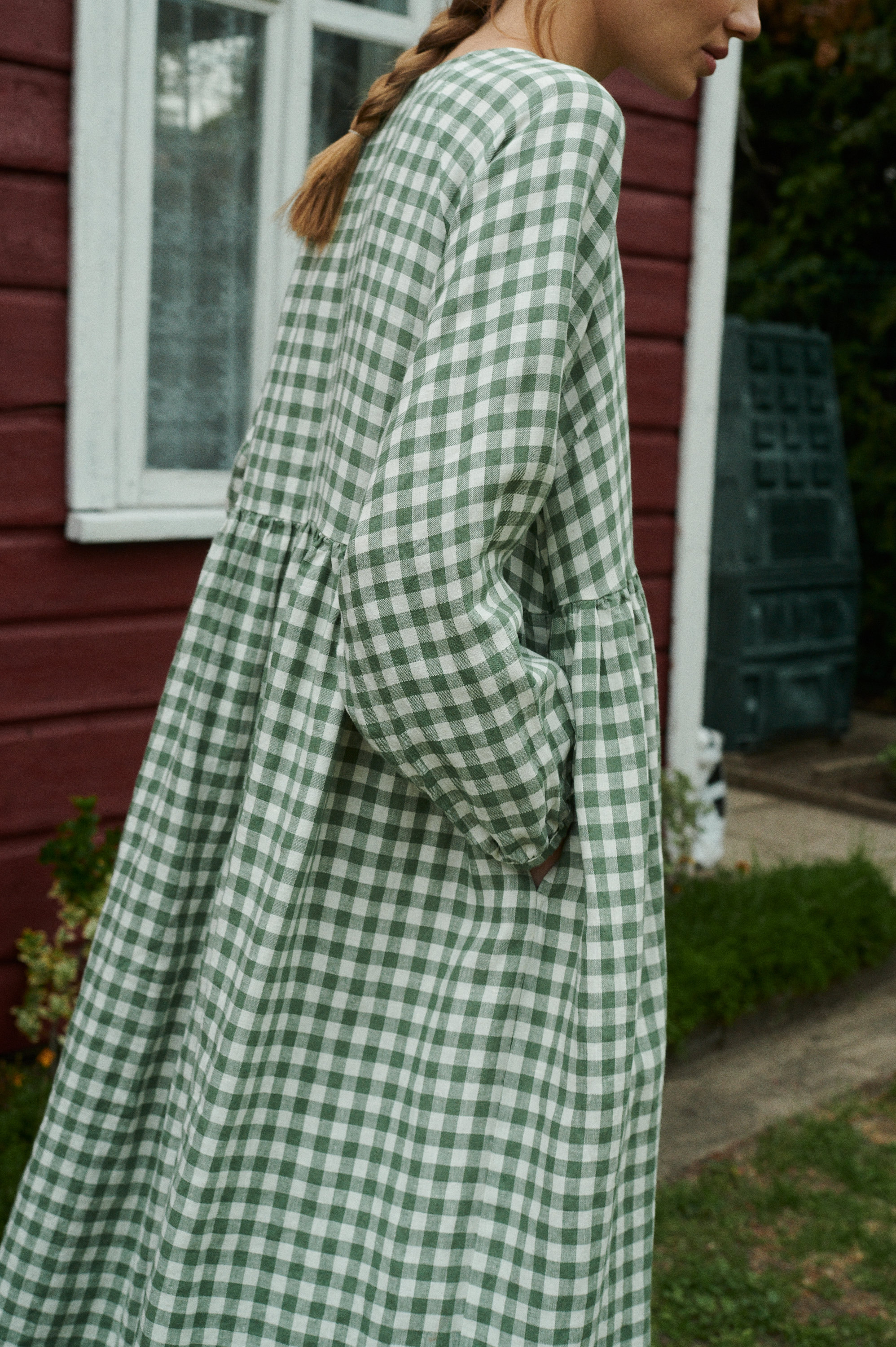 Linenfox Margo Gingham Maxi Linen Dress XS / Green Gingham