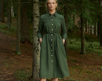 Ready To Ship - Astrid green linen wool blend dress - Wool linen dress - Linen dress - Shirt linen dress - Winter dress