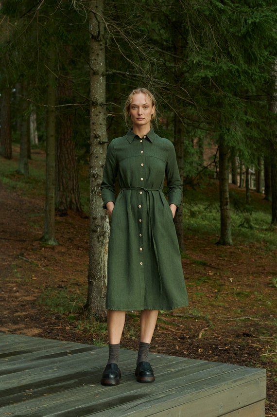 Ready To Ship - Astrid green linen Wool blend dress - Wool linen dress - linen dress - Shirt linen dress - Winter dress
