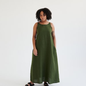Kristi forest green dress - Spaghetti strap linen dress- Linen dress - Long linen dress