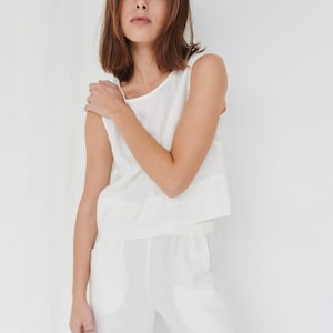 Crop milky white top Basic linen top Linen tank top Linen blouse Soft linen clothing White linen top image 6