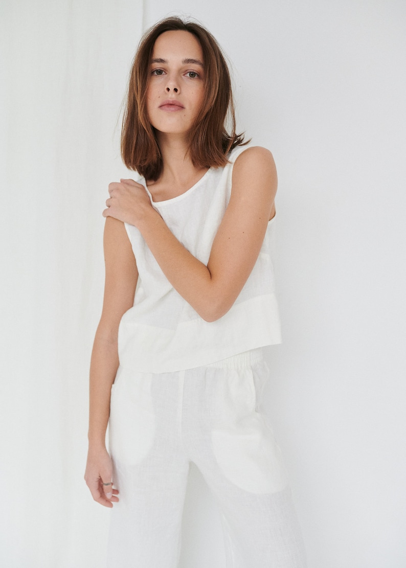 Crop milky white top Basic linen top Linen tank top Linen blouse Soft linen clothing White linen top image 6