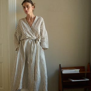 Long linen robe - Cacao stripes linen - Bathrobe - Striped robe - Linen robe