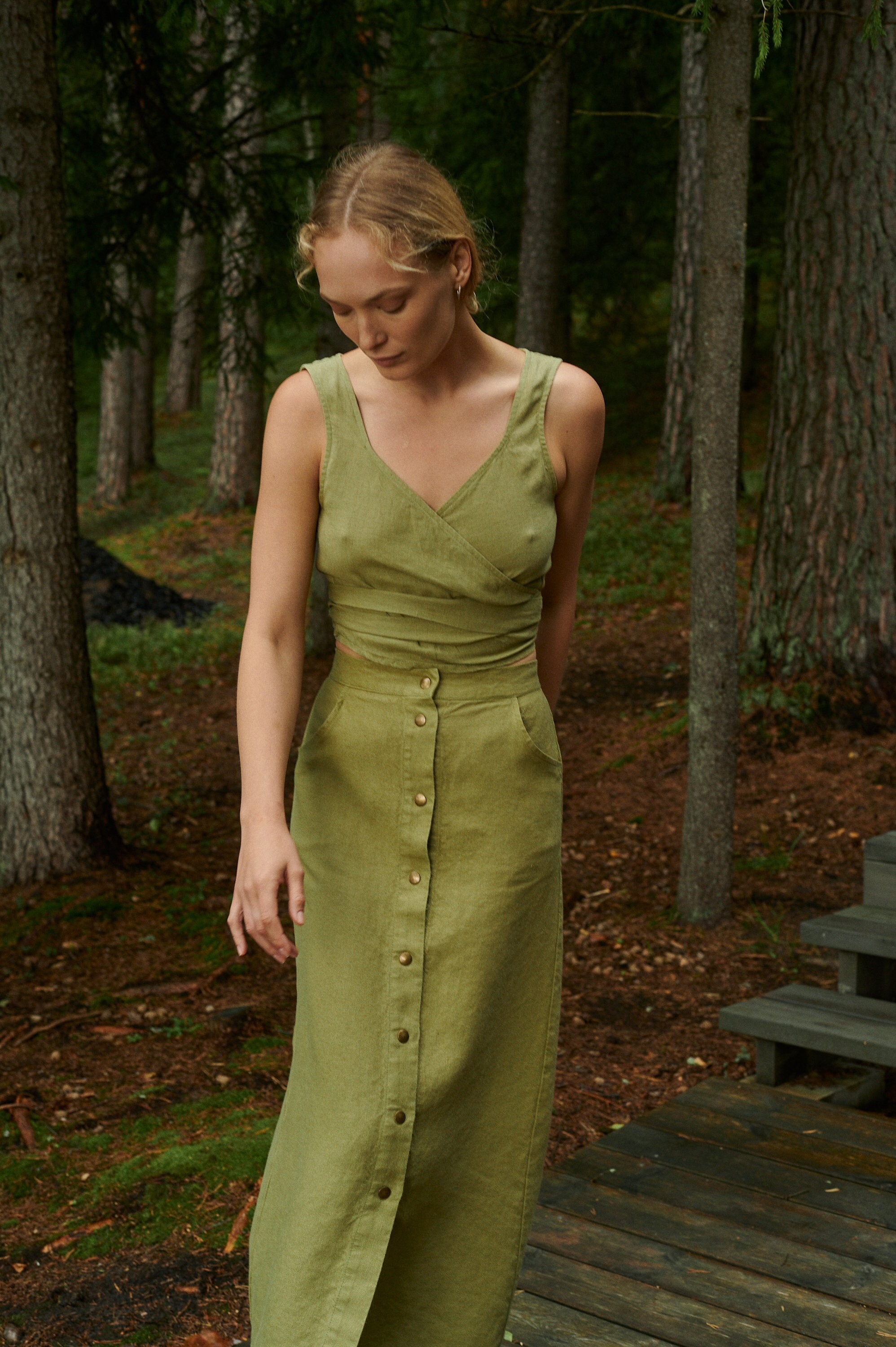 Soja olive wrap top - Wrap top - Crop top - Linen wrap blouse - Soft linen tops