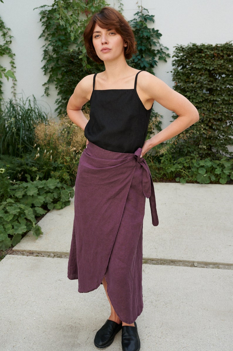 Jura eggplant violet skirt Wrap linen skirt Long wrap skirt Black linen skirt image 4