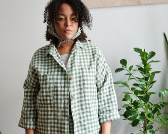 Kay Green Gingham Shirt - Linen Shirt - Drop Shoulder Shirt