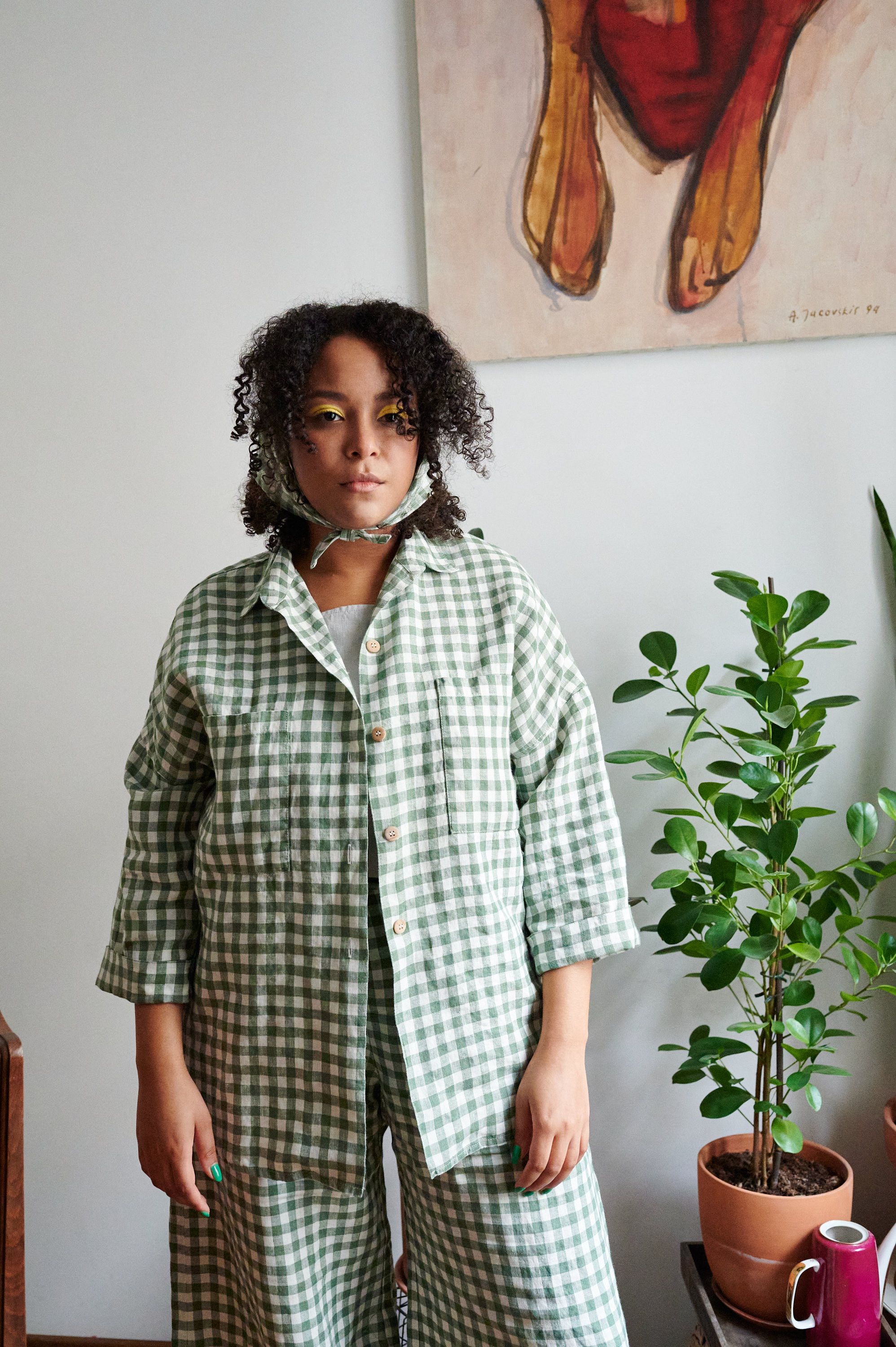 マスオ　　 　COTTON LINEN GINGHAM SHIRT Linen-Cotton Square-Neck Button-Front Top in Gingham Check