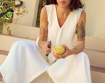 Ula Linen Button Down Lace Dress - Milky White Dress - V-Neck Dress with Lace Details - Sleeveless Dress - Summer Dress - Oversized Dress