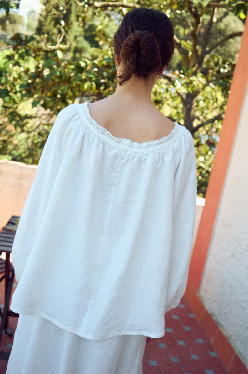 Oversized Milky White Linen Blouse with Lace Details - Matilda - Relaxed Fit Tunic Top - Long Sleeved Top - Linen Top - Oversized Summer Top image 6
