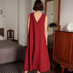Rue burgundy red dress Deep V neck dress Linen dress Long linen dress image 2