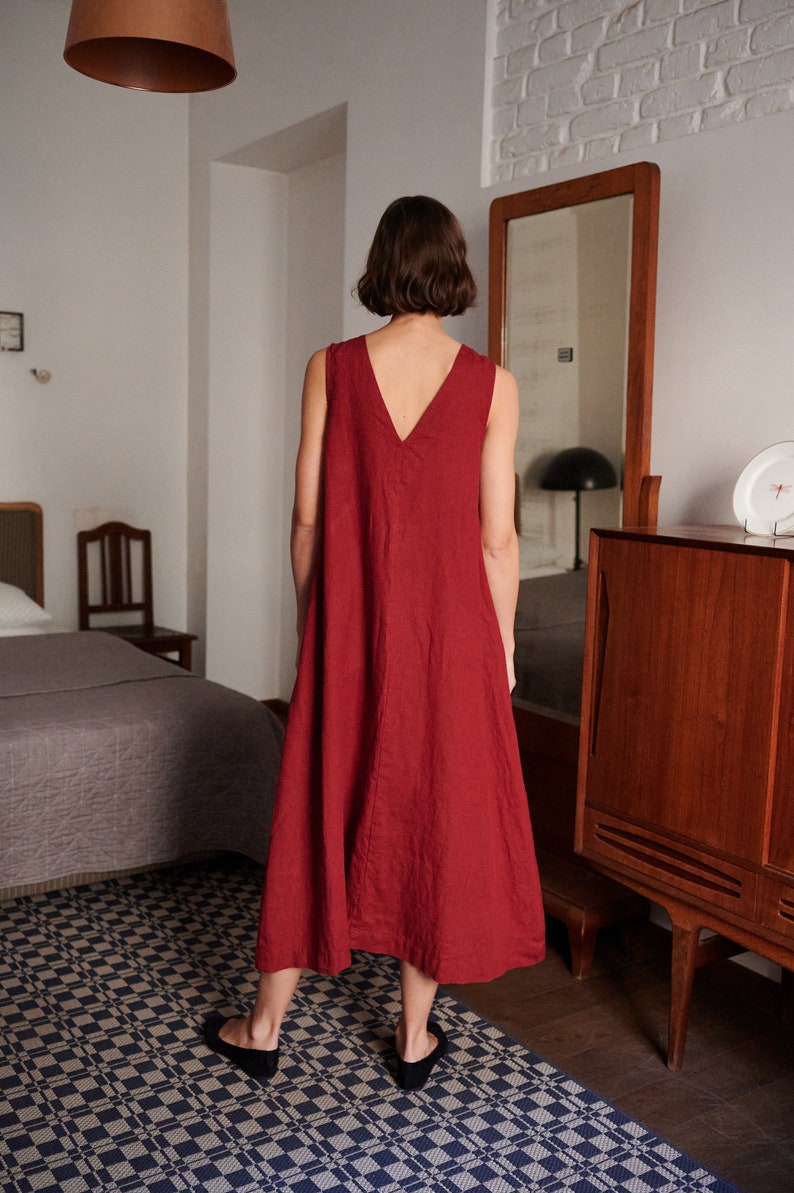 Rue burgundy red dress Deep V neck dress Linen dress Long linen dress image 2