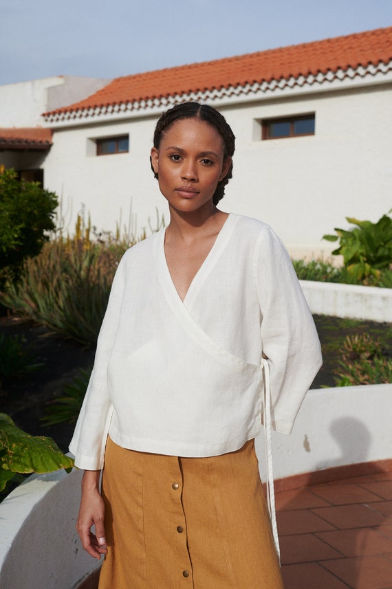 Georgia Milky White Linen Top - Wrap Top - Wrap Linen Top - Linen