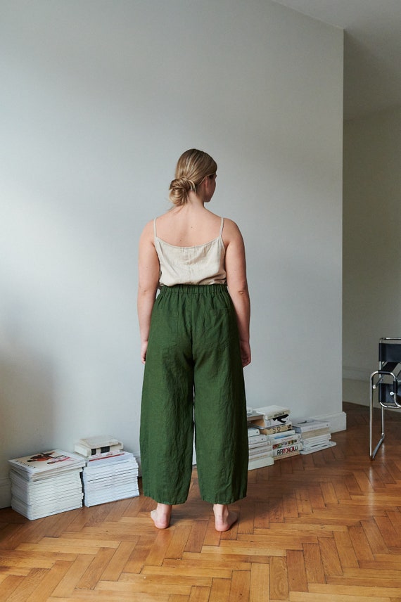 Frankie Forest Green Trousers Barrel Trousers Linen Trousers Loose