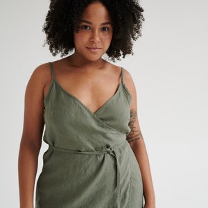 Ruby pine green dress - Spaghetti strap linen dress- Linen dress - Wrap linen dress