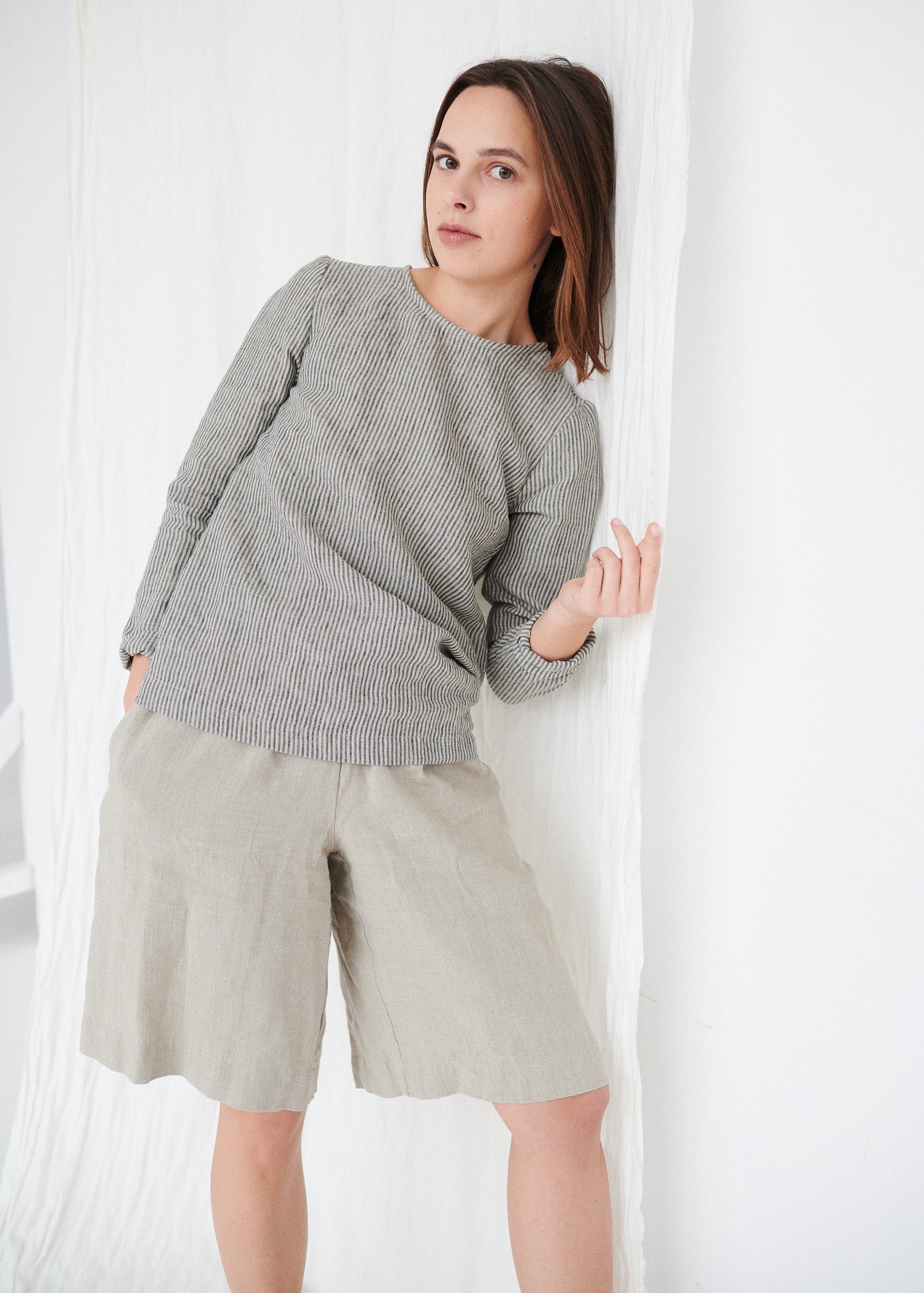 Jana grey stripes top - Linen blouse - Linen blouse with long sleeves…
