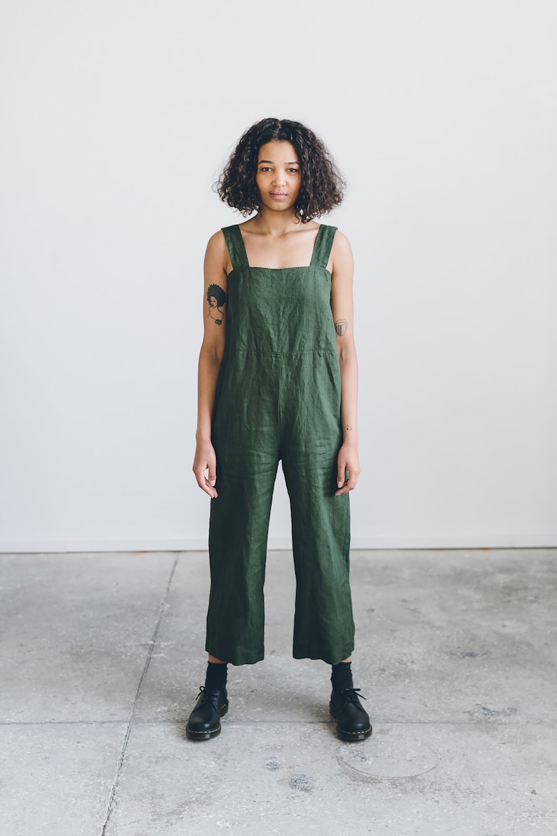 Naomi forest green jumpsuit Linen jumpsuit Oversized jumpsuit Linen romper Women linen clothing Linen overall Wide leg jumpsuit image 3