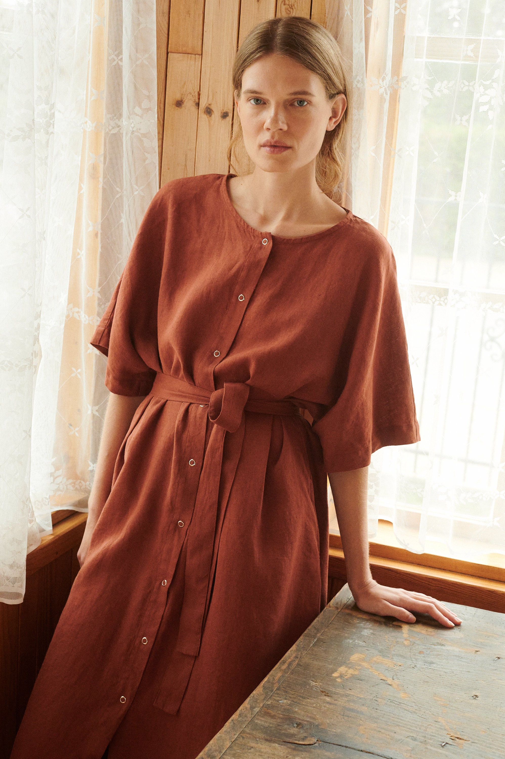 トップス Uhr / Linen Balloon Camisole/ BROWN Athiec Terracotta Linen Dress - Snap Button Linen Dress