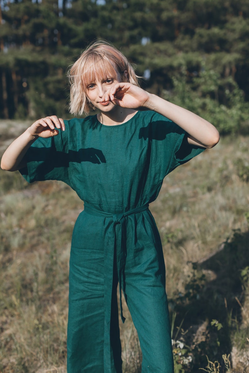 Olivia Emerald Green Jumpsuit Linen Jumpsuit Oversized | Etsy