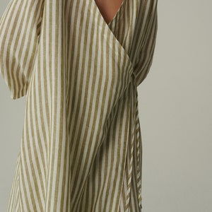 Ready to ship - Junko olive stripes linen dress - Wrap linen dress - Maternity linen dress - Oversized linen dress - Summer dress image 5