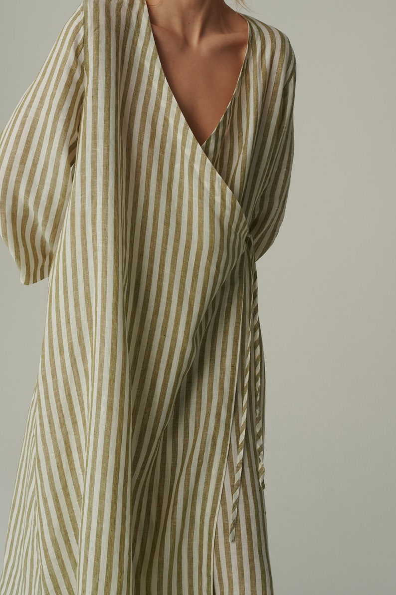 Ready to ship - Junko olive stripes linen dress - Wrap linen dress - Maternity linen dress - Oversized linen dress - Summer dress image 5