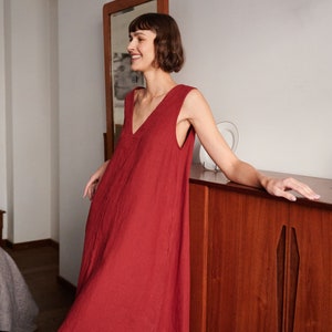 Rue burgundy red dress Deep V neck dress Linen dress Long linen dress image 4