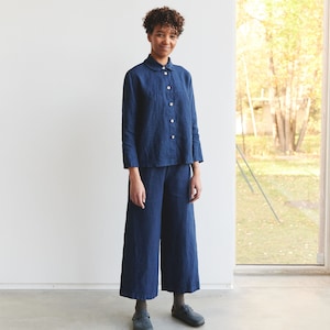 Brandi navy blue shirt Washed linen shirt Linen shirt Round collar shirt Basic linen shirt image 4