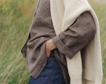 Kay Striped Brown Linen Shirt - Oversized Drop Shoulder Shirt - Woman's Shirt - Stripes Linen - Everyday Casual Shirt - All Season Wear