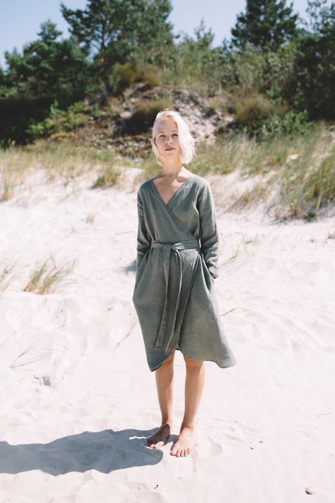 Rosemary Pine Green Dress Wrap Dress Linen Dress Summer - Etsy UK