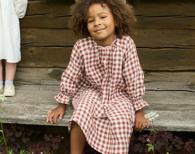 Girls Oversized Gingham Linen Dress