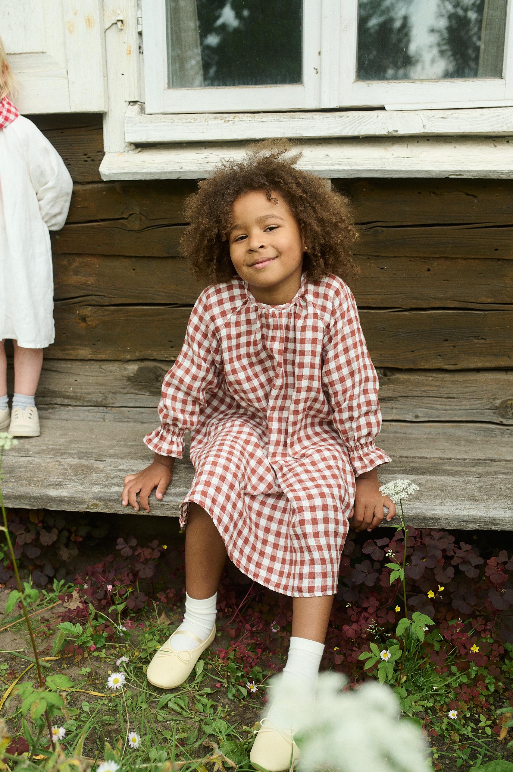 Girls Oversized Gingham Linen Dress