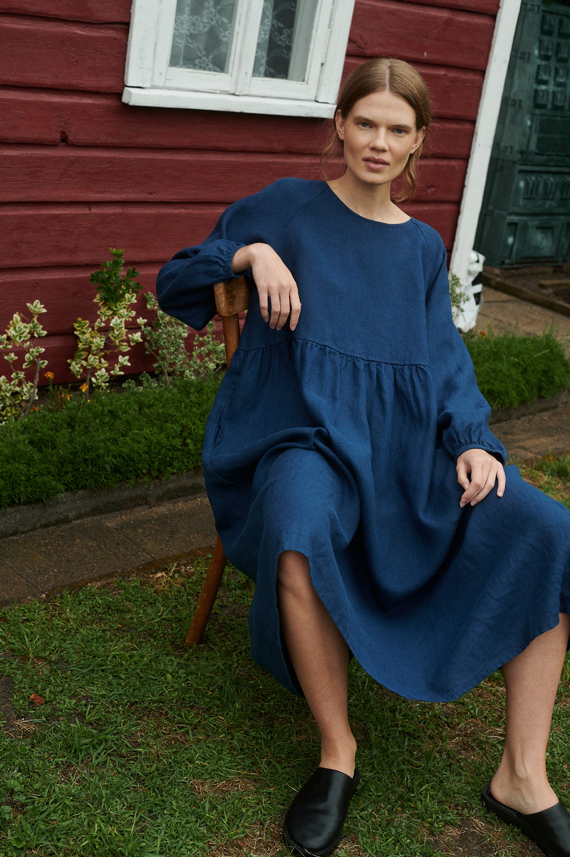 chinese dress ladies Frank & Eileen Megan Navy, Washed Linen Navy O/S main image 1