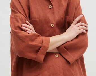 Kay terracotta shirt - Linen shirt - Drop shoulder shirt - Oversized linen shirt - Washed linen clothes - Linen everyday shirt