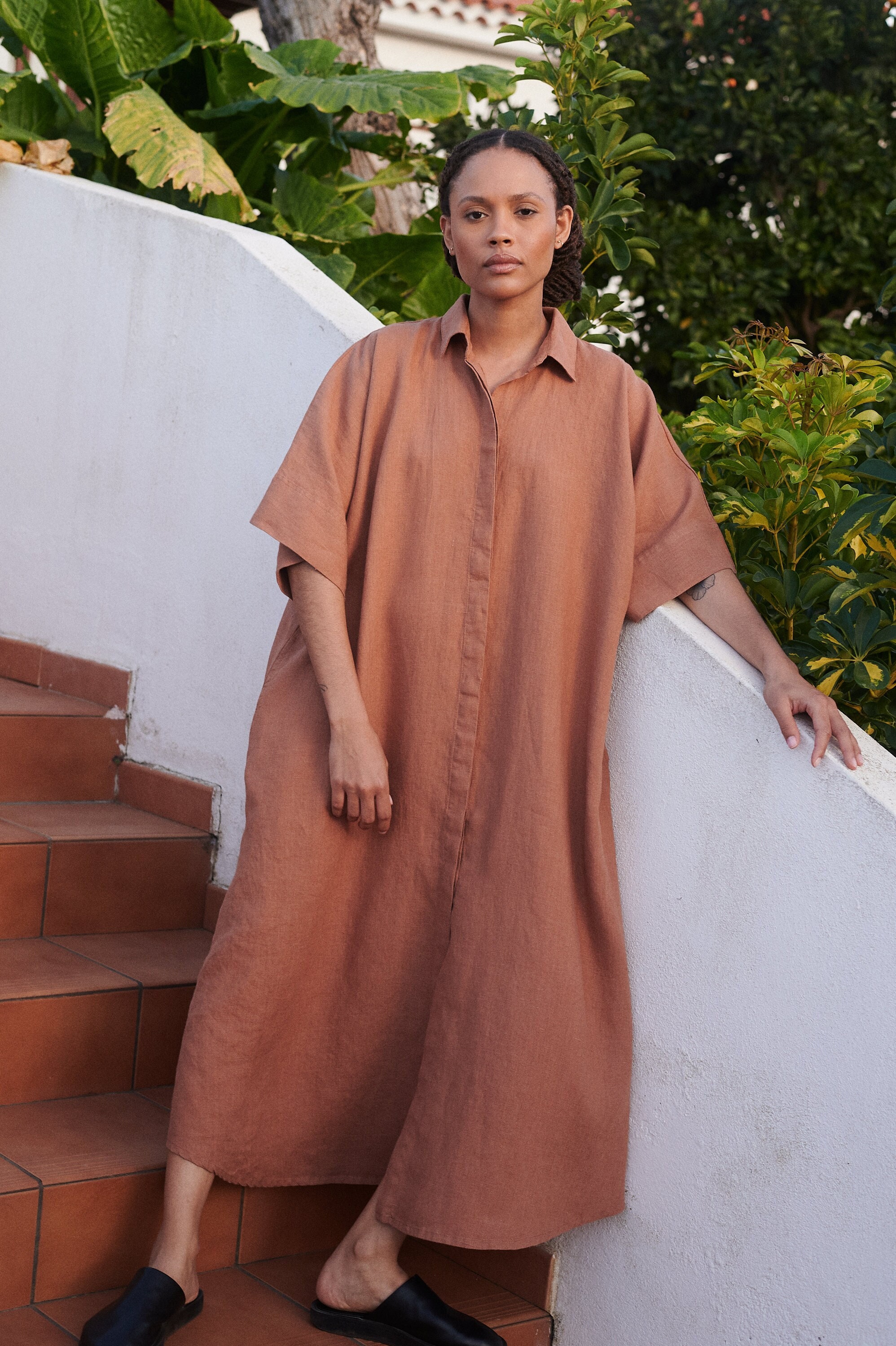 Annika Mocha Mousse Linen Dress - Oversized Dress - Snap Button