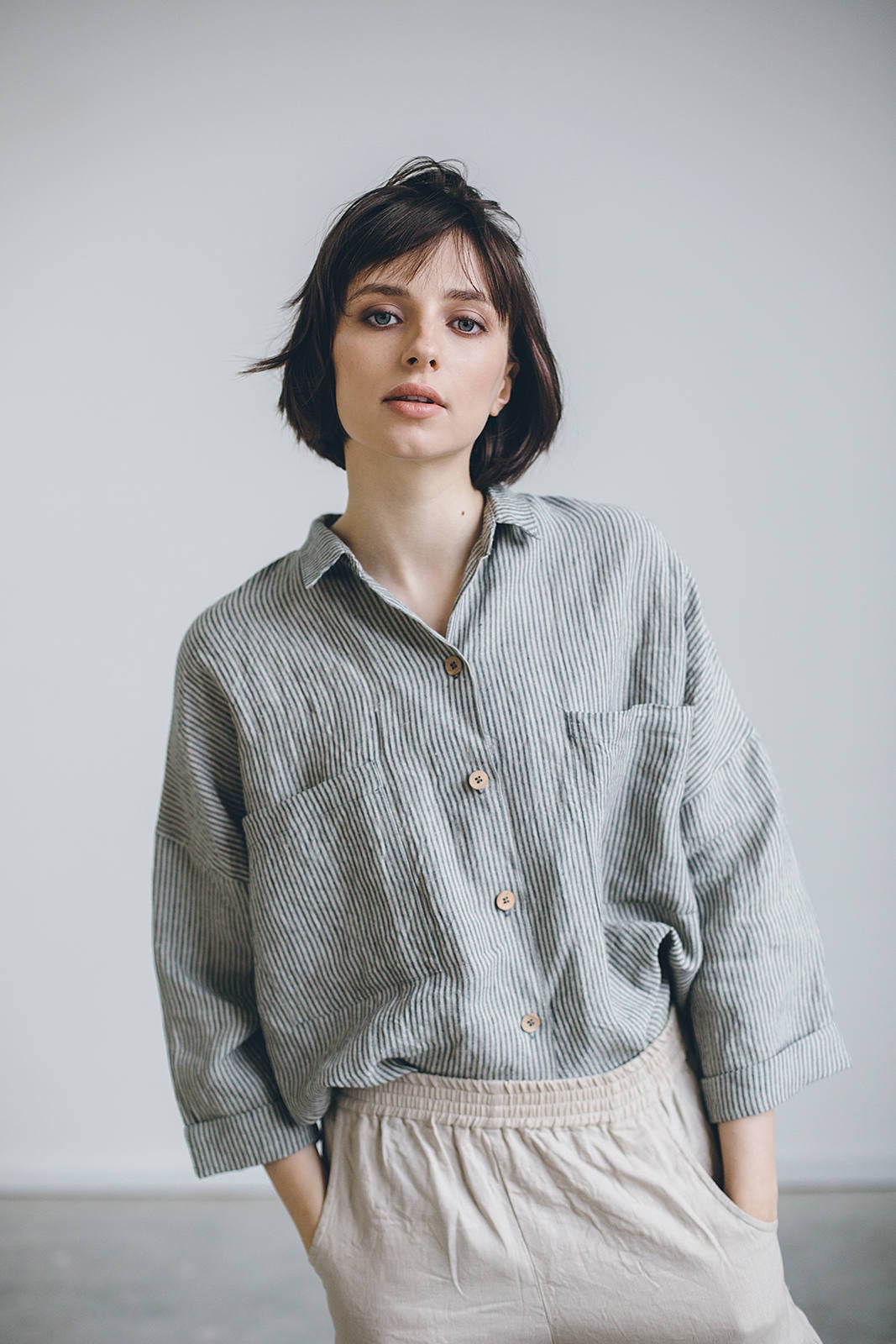 Kay Grey Stripes Shirt - Linen Shirt - Drop Shoulder Shirt Kay Grey Stripes Shirt - Linen Shirt - Drop Shoulder Shirt