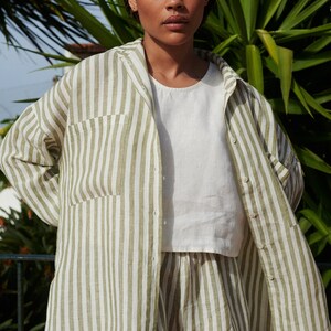 Ready to ship Vika olive stripes linen shirt Washed linen shirt Linen shirt Drop shoulder shirt Oversized linen shirt image 3