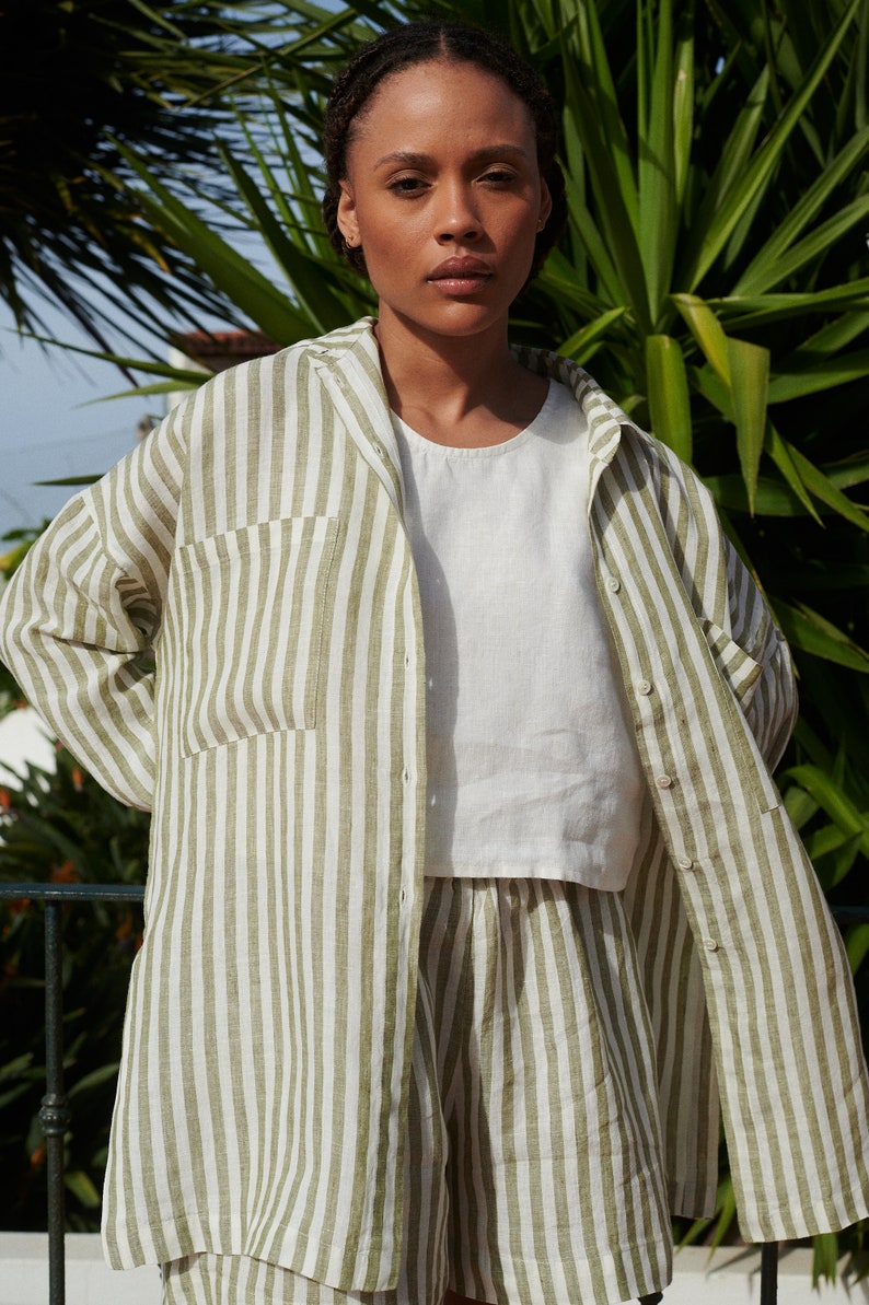 Ready to ship Vika olive stripes linen shirt Washed linen shirt Linen shirt Drop shoulder shirt Oversized linen shirt image 3