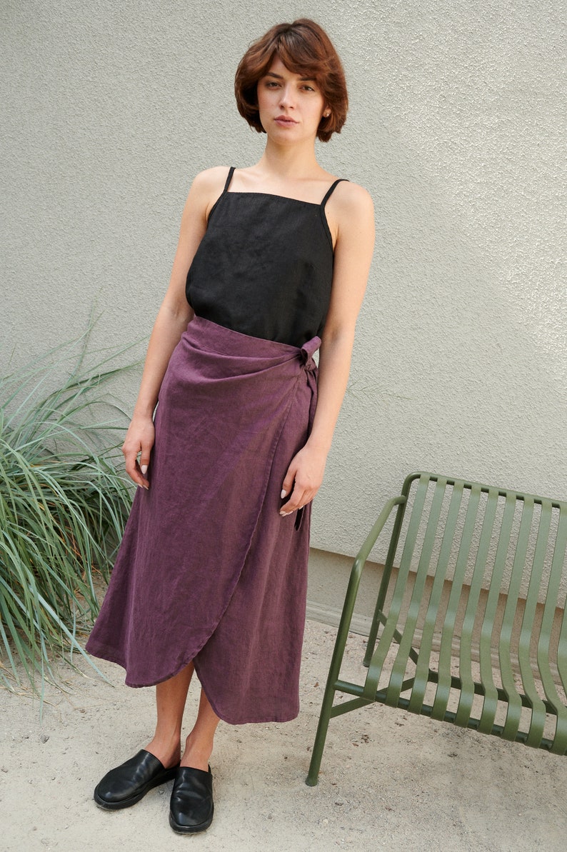 Jura eggplant violet skirt Wrap linen skirt Long wrap skirt Black linen skirt image 3