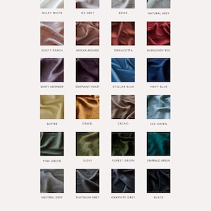 May include: A color chart of 20 linen fabric swatches in various colors, including milky white, ice grey, beige, natural grey, dusty peach, mocha mousse, terracotta, burgundy red, dusty lavender, eggplant violet, stellar blue, navy blue, butter, camel, cacao, sea green, pine green, olive, forest green, emerald green, neutral grey, platinum grey, graphite grey, and black. The chart is labeled "Medium Weight Linen Palette" and "LINENFOX".