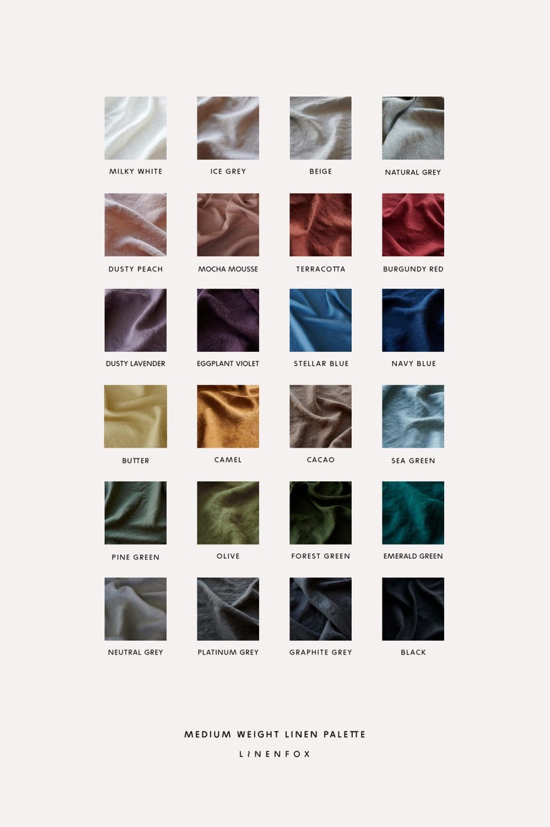 May include: A color chart of 20 linen fabric swatches in various colors, including milky white, ice grey, beige, natural grey, dusty peach, mocha mousse, terracotta, burgundy red, dusty lavender, eggplant violet, stellar blue, navy blue, butter, camel, cacao, sea green, pine green, olive, forest green, emerald green, neutral grey, platinum grey, graphite grey, and black. The chart is labeled "Medium Weight Linen Palette" and "LINENFOX".