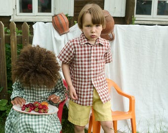 Boys Short-Sleeved Gingham Linen Shirt